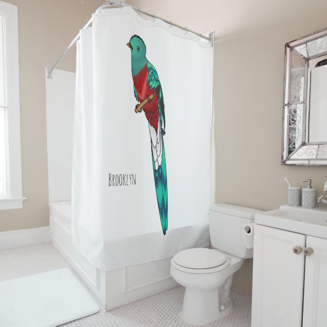 Resplendent quetzal bird cartoon illustration  shower curtain (In Situ)