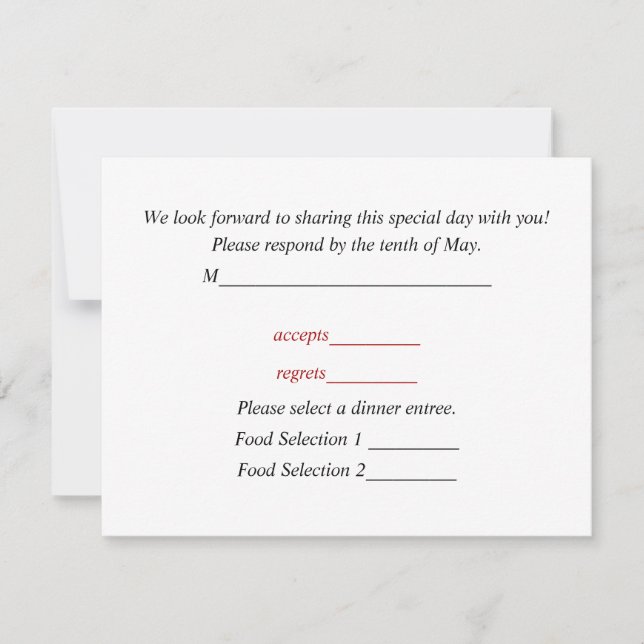 Response Card For Wedding Invitations (Front)
