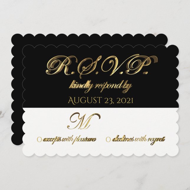 Response Reply Wedding RSVP Black White Gold Invitation (Front/Back)