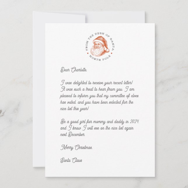 Response to Santa Letter on Santa Stationery Holiday Card (Front)
