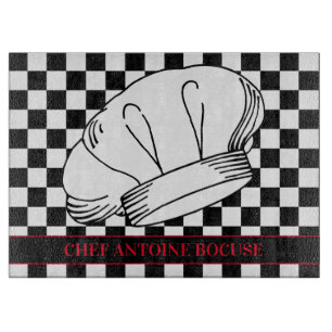 Restaurant Chef Hat on Black and White Chequered Cutting Board