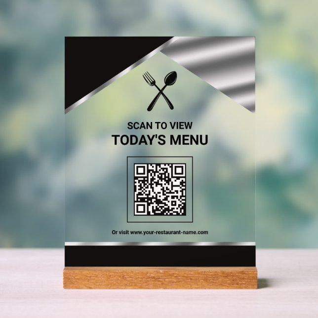 Restaurant Contactless QR Code Black Menu Acrylic Sign (Neutral)
