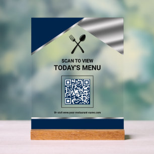 Restaurant Contactless QR Code Navy Blue Menu Acrylic Sign