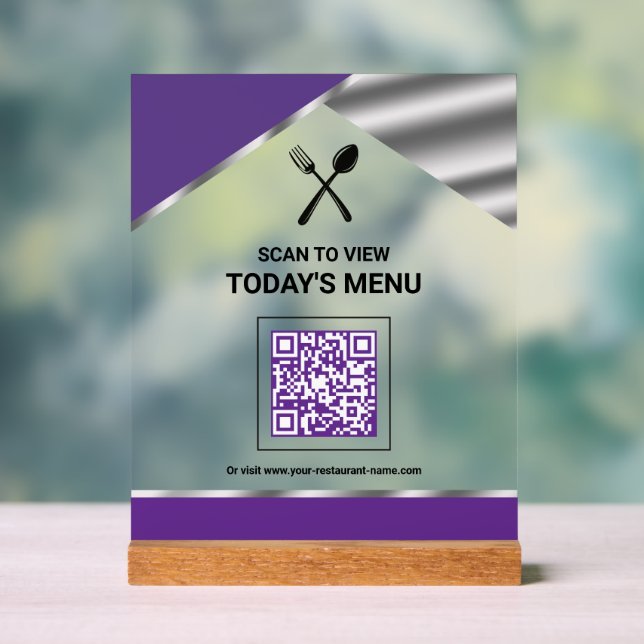 Restaurant Contactless QR Code Purple Menu Acrylic Sign (Neutral)