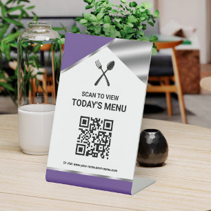 Restaurant Contactless QR Code Purple Menu Pedestal Sign