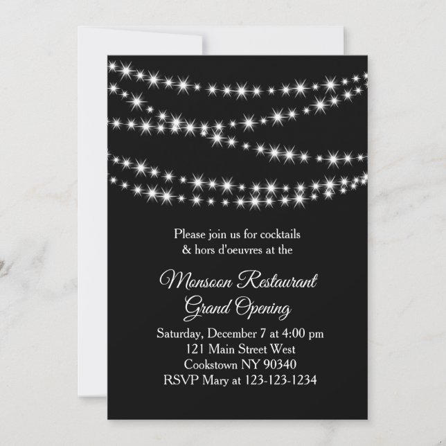 Restaurant Grand Opening Twinkle Lights black Invitation (Front)
