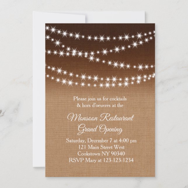 Restaurant Grand Opening Twinkle Lights burlap Invitation (Front)