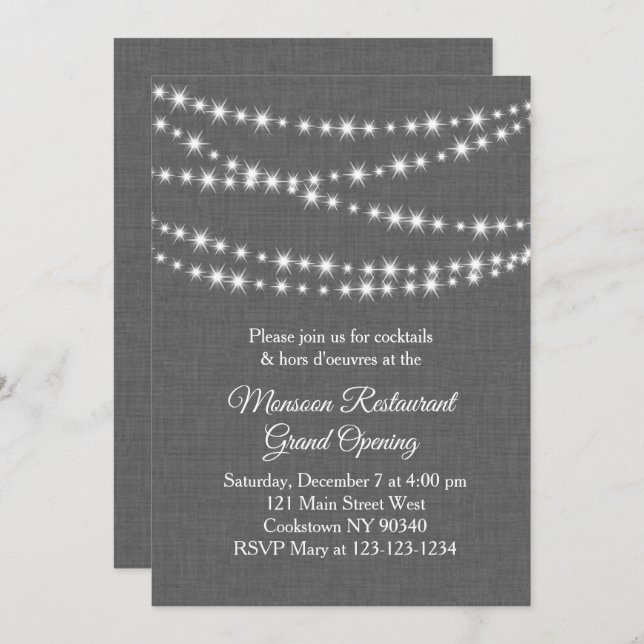 Restaurant Grand Opening Twinkle Lights grey Invitation (Front/Back)