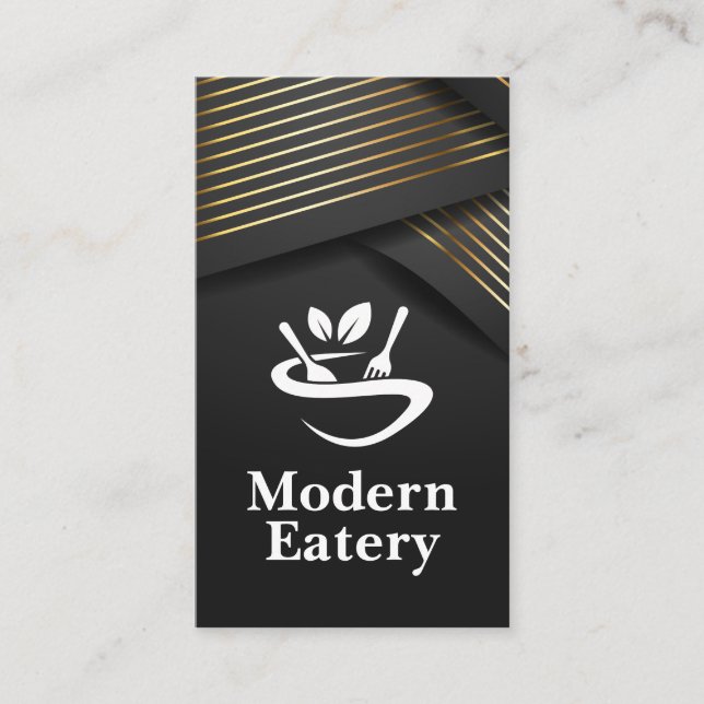 Restaurant Logo | Gold Stripes | Black Ribbon  Business Card (Front)