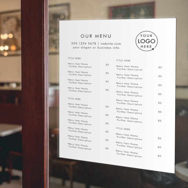 Restaurant Menu | Minimalist Logo Catering Cafe (Window cling decal menu signage for stores, restaurants, studios, cafes, storefront displays & more!)