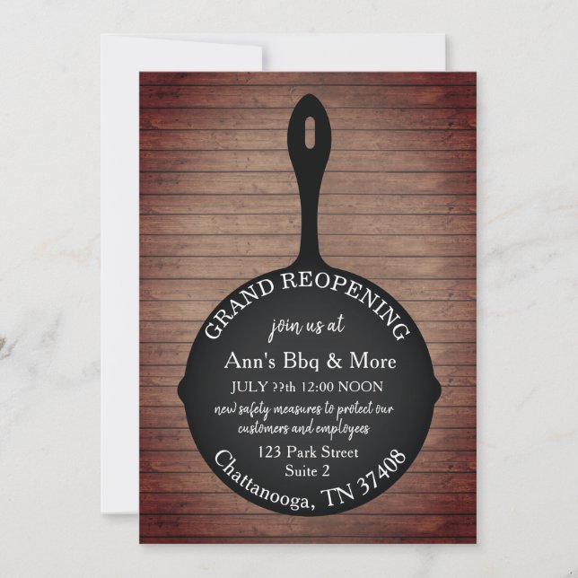 Restaurant Reopening Iron Skillet Wood Invitation (Front)