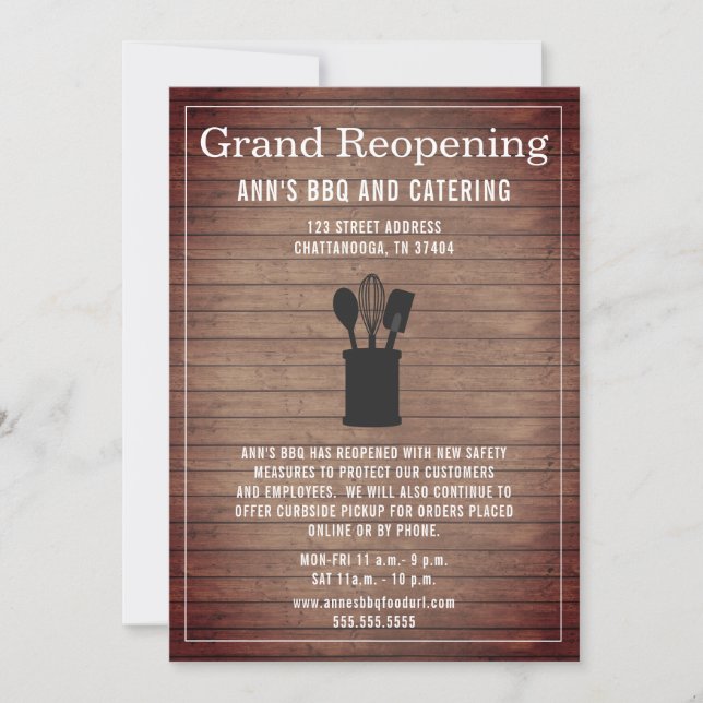 Restaurant Reopening Rustic Wood Crock Invitation (Front)