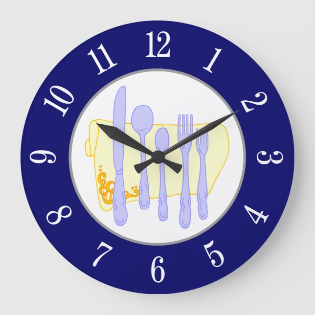 Restaurant Silverware on Blue White Numbers Clock (Front)