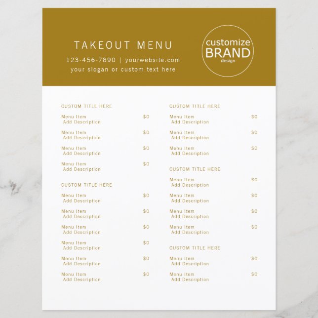 Restaurant Takeout Catering Logo Dark Gold Menu (Front)