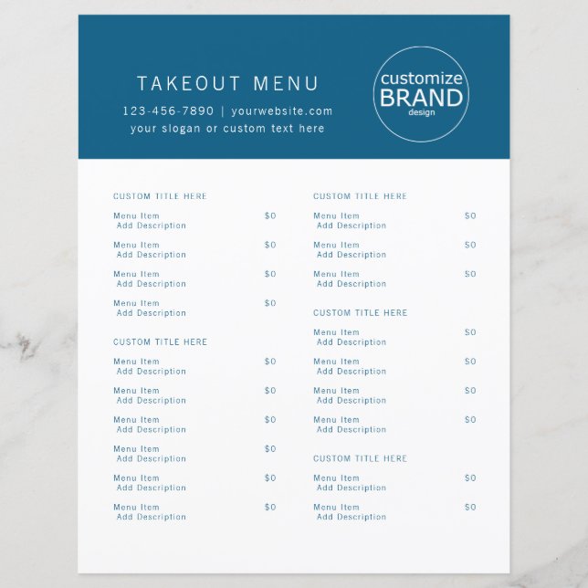 Restaurant Takeout Catering Logo Navy Blue Menu (Front)
