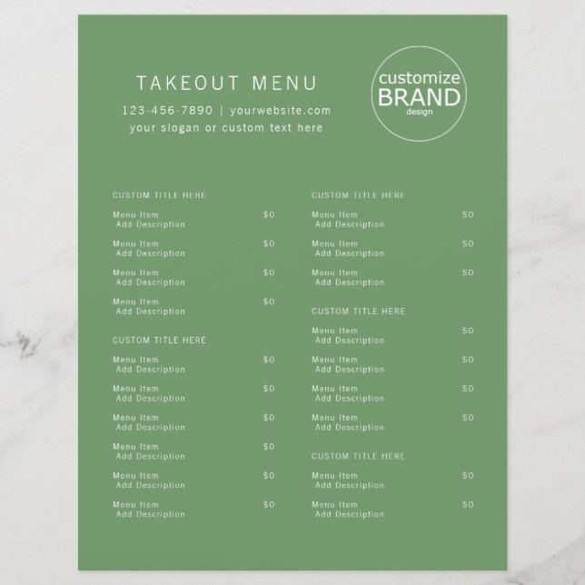 Restaurant Takeout Catering Olive Green Logo Menu (Front)