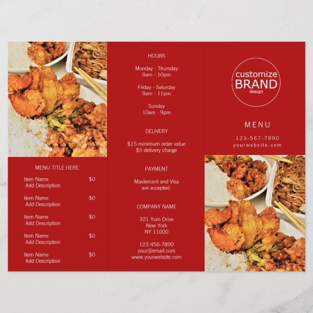 Restaurant Takeout Logo Photo Tri-fold Red Menu (Front)