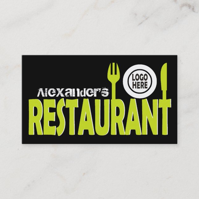 Restaurant text cutlery plate black lime white business card (Front)