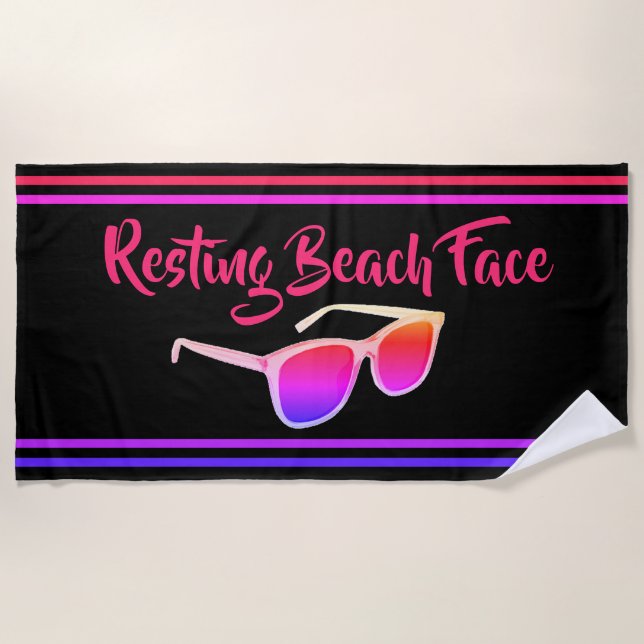 Resting Beach Face Black and Bright Beach Towel (Front)
