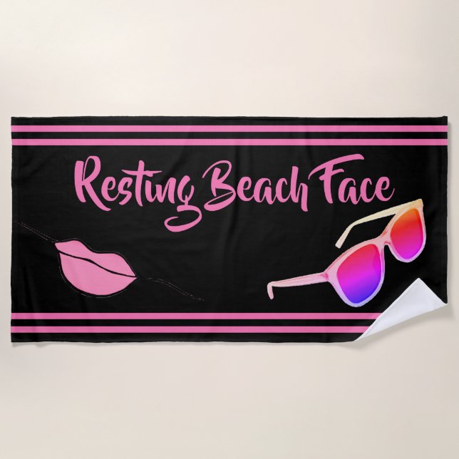 Resting Beach Face Black and Pink Beach Towel (Front)