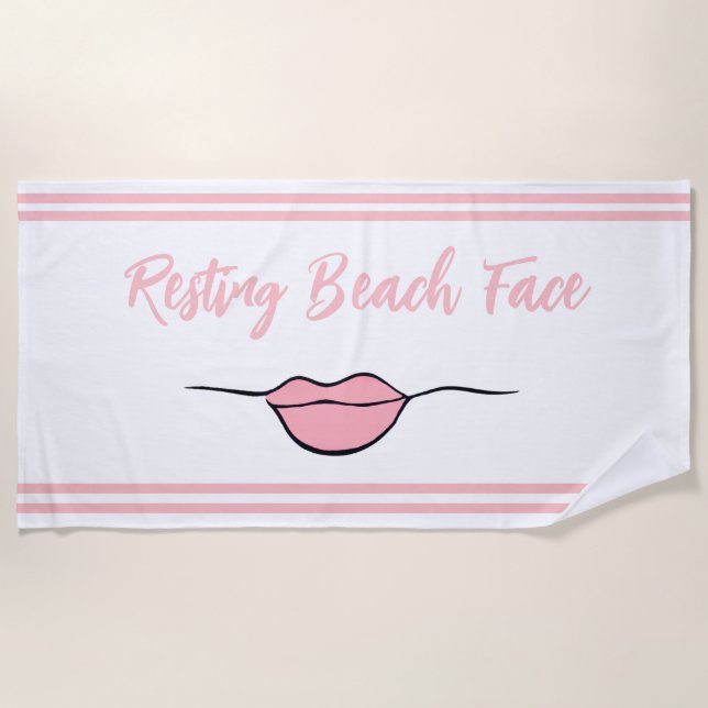 Resting Beach Face Lips White and Pink Beach Towel (Front)