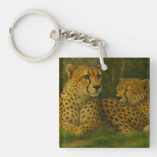 Resting Cheetah Duo in Forest Setting Key Ring