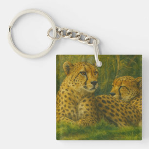 Resting Cheetah Duo in Forest Setting Key Ring