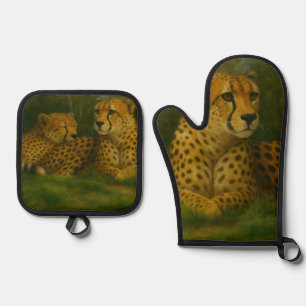 Resting Cheetah Duo in Forest Setting Oven Mitt & Pot Holder Set