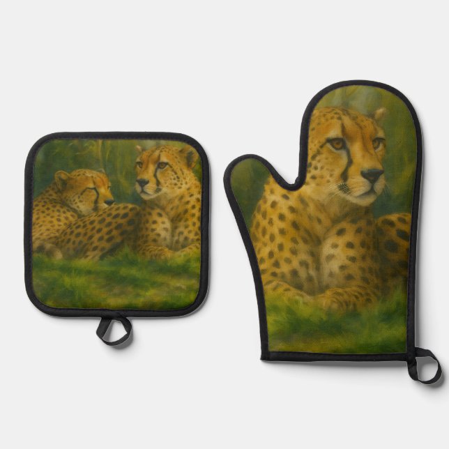 Resting Cheetah Duo in Forest Setting Oven Mitt & Pot Holder Set (Front)