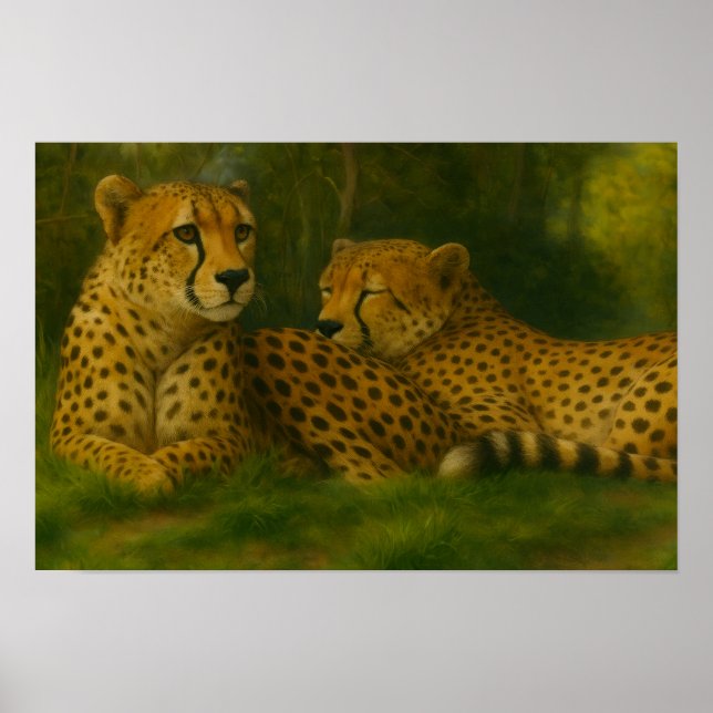 Resting Cheetah Duo in Forest Setting Poster (Front)