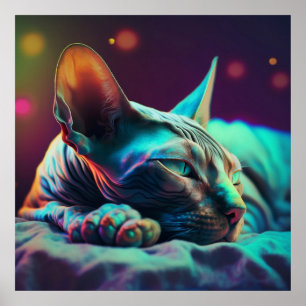 Resting Sphynx Cat in Teal and Magenta Light Poster
