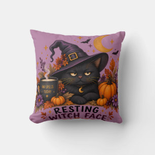 Resting Witch Face Black Cat Halloween Cushion