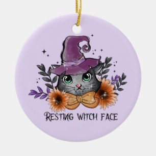 Resting Witch Face – Cat with Witch Hat Ceramic Tree Decoration