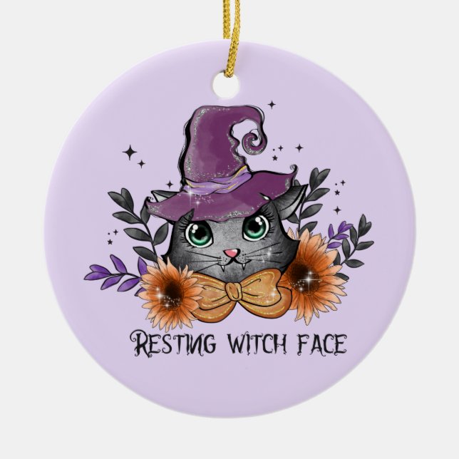 Resting Witch Face – Cat with Witch Hat Ceramic Tree Decoration (Front)