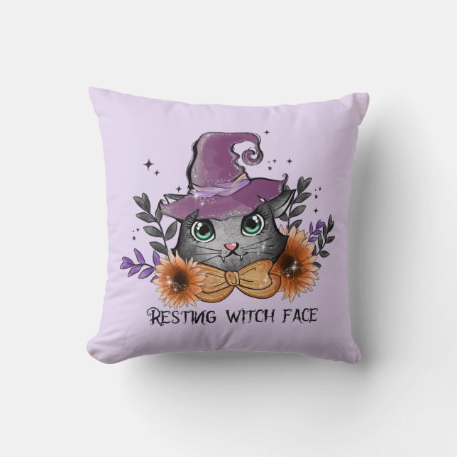 Resting Witch Face – Cat with Witch Hat Cushion (Front)