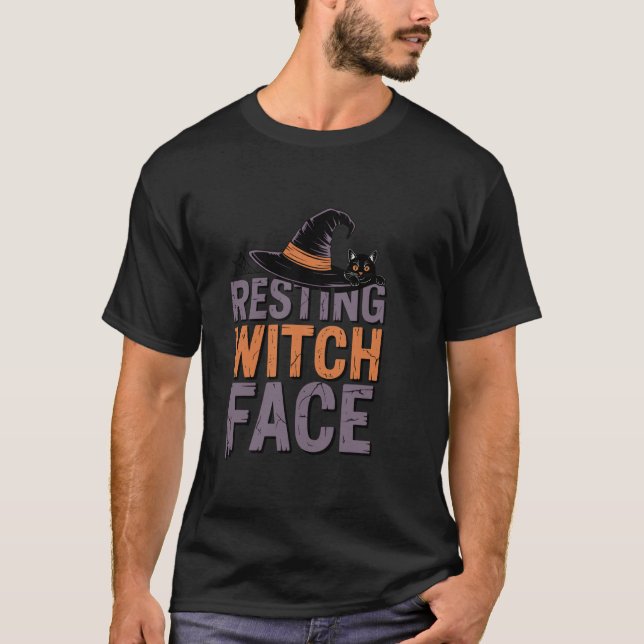 Resting Witch Face Funny Cat Halloween Pun T-Shirt (Front)