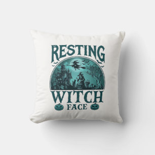Resting Witch Face Halloween Haunted House Cauldro Cushion