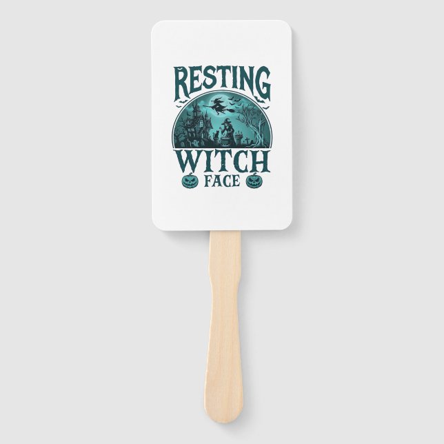 Resting Witch Face Halloween Haunted House Cauldro Hand Fan (Front)