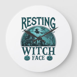 Resting Witch Face Halloween Haunted House Cauldro Large Clock
