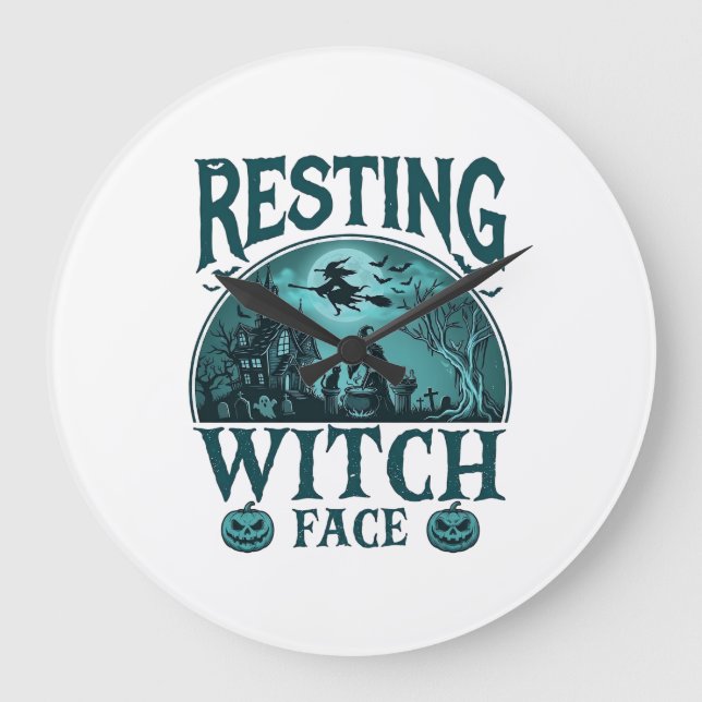 Resting Witch Face Halloween Haunted House Cauldro Large Clock (Front)