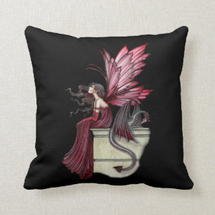 Restless Ruby Dragon and Faerie Throw Pillow