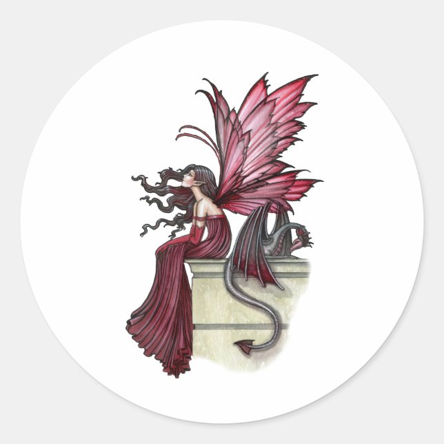 Restless Ruby Gothic Red Fairy and Dragon Classic Round Sticker (Front)
