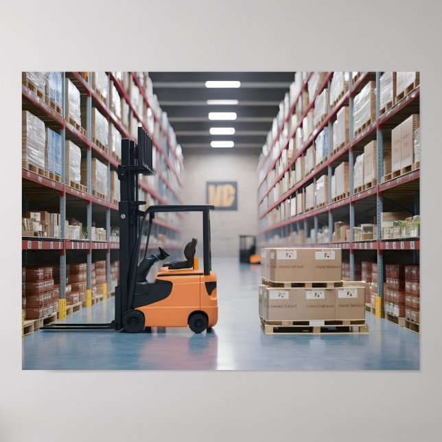Retail Warehouse with Shelves of Cartons, Pallets Poster (Front)