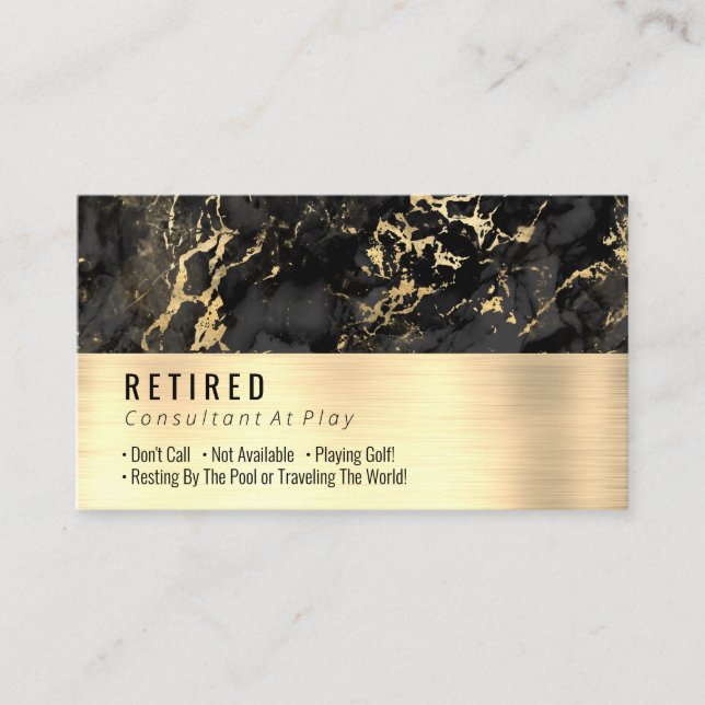Retired, Black and Gold Marble, Brushed Gold, Gag Business Card (Front)
