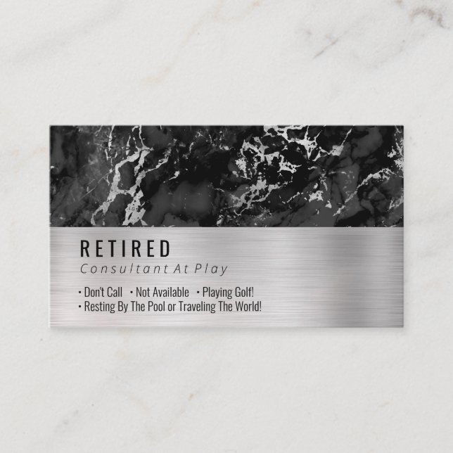 Retired, Black & Silver Marble, Brushed Silver Gag Business Card (Front)