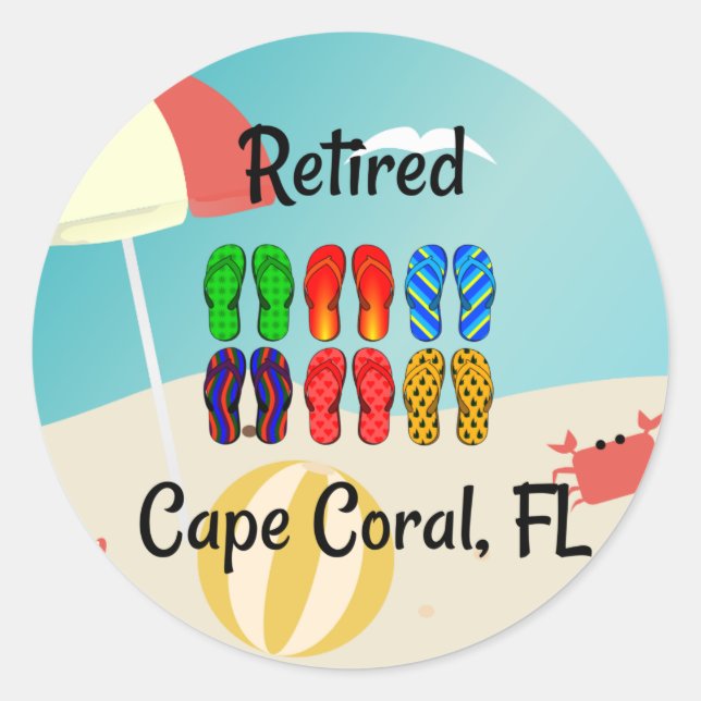 Retired, Cape Coral, FL, beach design, Classic Round Sticker (Front)