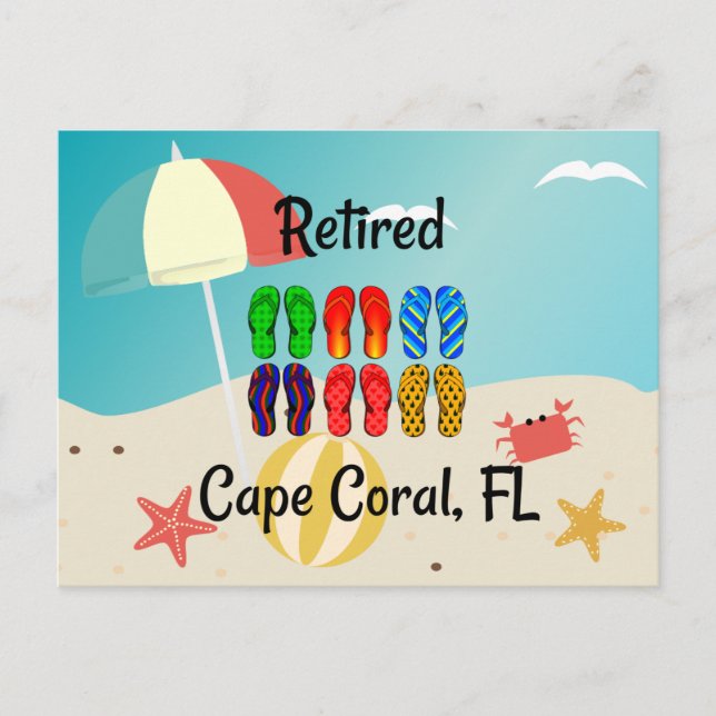 Retired, Cape Coral, FL, beach design, Postcard (Front)
