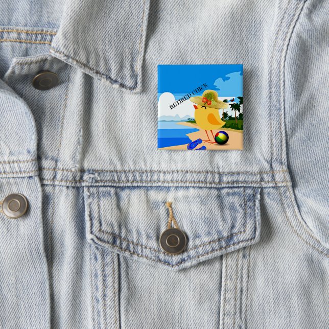Retired Chick at the beach,  15 Cm Square Badge (In Situ)
