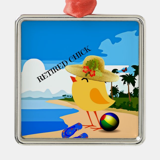 Retired Chick at the Beach Ceramic Ornament (Front)
