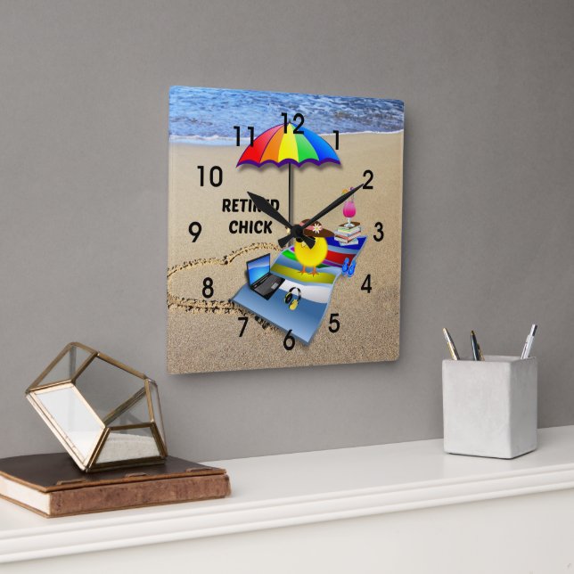 Retired Chick at the Beach, cute and colourful Square Wall Clock (Office)